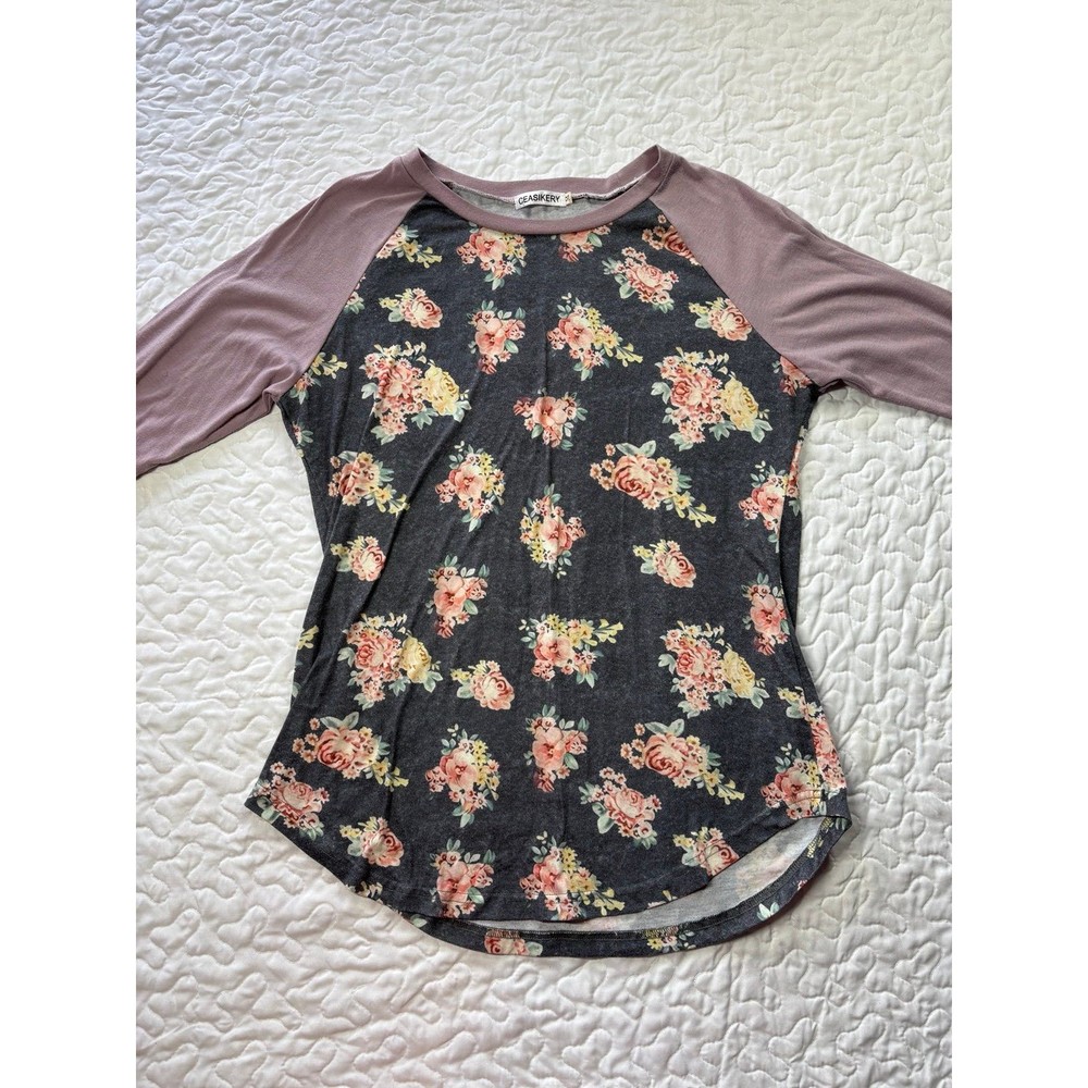 Ceasikery Grey Floral Print 3/4 Sleeve Blouse size medium